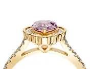 Milgrain Floral Halo Engagement Ring Setting for Fancy Pink Pear-Shaped Center with Pave Band and Prong Head in Yellow Gold
