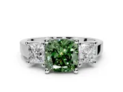 3 Stone Engagement Ring Setting for Fancy Green Cushion Cut Center with Matching Side Accents and Prong Head in Platinum