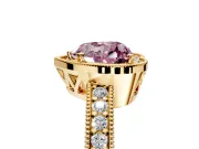 Milgrain Halo Engagement Ring Setting for Fancy Pink Heart-Shaped Center with Wide Pave Band and Prong Head in Yellow Gold