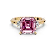 3 Stone Engagement Ring Setting for Fancy Pink Asscher Cut Center with Wide Plain Band and Prong Head in Yellow Gold