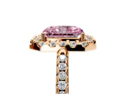 Pave Halo Engagement Ring Setting for Fancy Pink Radiant Cut Center with Single Row Pave Band and Prong Head in Rose Gold