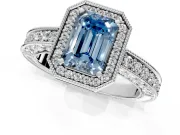 Milgrain Halo Engagement Ring Setting for Fancy Blue Emerald Cut Center with Wide Pave Band and Prong Head in Sterling Silver