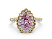 Milgrain Floral Halo Engagement Ring Setting for Fancy Pink Pear-Shaped Center with Pave Band and Prong Head in Yellow Gold