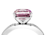 Solitaire Engagement Ring Setting for Fancy Pink Asscher Cut Center with Milgrain-Edged Pave Band and Prong Head in Platinum