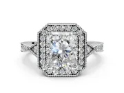 Halo Engagement Ring Setting for Radiant Cut Center with Milgrain Rim, Pave Band and Prong Head in Platinum