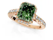 Halo Engagement Ring Setting for Fancy Green Radiant Cut Center with Full Pave Band and Prong Head in Rose Gold