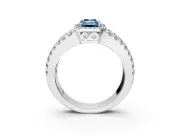 Halo Engagement Ring Setting for Fancy Blue Emerald Cut Center with Wide-Open Pave Split Shank and Prong Head in Platinum