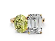 Fancy Yellow Oval and Emerald Cut Lab-Grown Diamond Toi et Moi Engagement Ring with Prong-Set Stones in Yellow Gold