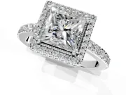 Halo Engagement Ring Setting for Princess Cut Center with Inner Milgrain Border and Prong Head in Platinum