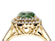 Double Halo Engagement Ring Setting for Fancy Green Cushion Cut Center with Narrow Pave Split Shank and Prong Head in Yellow Gold