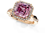 Halo Engagement Ring Setting for Fancy Pink Asscher Cut Center with Pave and Plain Twist Band and Prong Head in Rose Gold