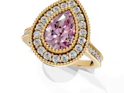 Halo Engagement Ring Setting for Fancy Pink Pear-Shaped Center with Milgrain Frame, Pave Band and Prong Head in Yellow Gold