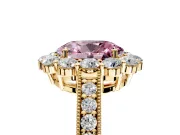 Halo Engagement Ring Setting for Fancy Pink Oval Center with Milgrain Channel Band and Prong Head in Yellow Gold