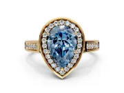 Halo Engagement Ring Setting for Fancy Blue Pear-Shaped Center with Outer Bezel Rim, Pave Band and Prong Head in Yellow Gold