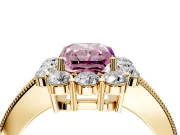 Halo Engagement Ring Setting for Fancy Pink Radiant Cut Center with Milgrain Channel Band and Prong Head in Yellow Gold