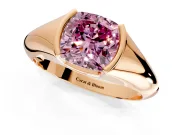 Tension Engagement Ring Setting for Fancy Pink Cushion Cut Center with Wide Tapered Band and Tension Head in Rose Gold