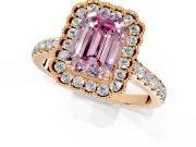 Milgrain Floral Halo Engagement Ring Setting for Fancy Pink Emerald Cut Center with Pave Band and Prong Head in Rose Gold