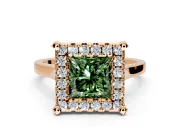 Single Halo Engagement Ring Setting for Fancy Green Princess Cut Center with Corner Claws, Plain Band and Prong Head in Rose Gold