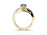 3 Stone Engagement Ring Setting for Fancy Blue Cushion Cut Center with Tapered Baguettes, Plain Band and Prong Head in Yellow Gold