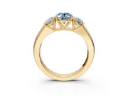 3 Stone Engagement Ring Setting for Fancy Blue Oval Center with Raised Basket Heads and Prong Head in Yellow Gold