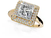 Halo Engagement Ring Setting for Princess Cut Center with Plain Tapered Band and Prong Head in Yellow Gold