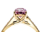 Solitaire Engagement Ring Setting for Fancy Pink Emerald Cut Center with Cathedral Channel Band and Prong Head in Yellow Gold