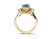 3 Stone Engagement Ring Setting for Fancy Blue Round Cut Center with Crossover Basket, Pave Band and Prong Head in Yellow Gold