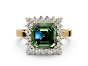 Starburst Halo Engagement Ring Setting for Fancy Green Asscher Cut Center with Flat Cathedral Band and Prong Head in Yellow Gold