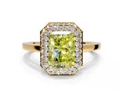 Halo Engagement Ring Setting for Fancy Yellow Radiant Cut Center with Plain Tapered Band and Prong Head in Yellow Gold