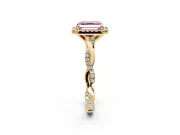 Halo Engagement Ring Setting for Fancy Pink Asscher Cut Center with Pave and Plain Twist Band and Prong Head in Yellow Gold