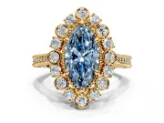 Milgrain Halo Engagement Ring Setting for Fancy Blue Marquise Center with Bezel Point Accents and Prong Head in Yellow Gold