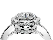 Halo Engagement Ring Setting for Round Cut Center with Metal-Rimmed Halo, Pave Band and Prong Head in White Gold