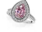 Halo Engagement Ring Setting for Fancy Pink Pear-Shaped Center with Milgrain Pave Band and Bezel Head in White Gold
