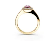 Halo Engagement Ring Setting for Fancy Pink Emerald Cut Center with Plain Tapered Band and Prong Head in Yellow Gold