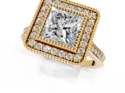 Halo Engagement Ring Setting for Princess Cut Center with Milgrain Frame, Pave Band and Prong Head in Yellow Gold