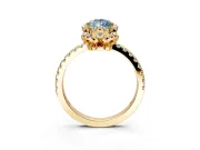 Halo Engagement Ring Setting for Fancy Blue Pear-Shaped Center with Openwork Halo, Pave Band and Prong Head in Yellow Gold