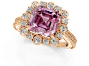 Milgrain Halo Engagement Ring Setting for Fancy Pink Asscher Cut Center with Bezel Point Accents and Prong Head in Rose Gold