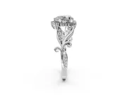 Halo Engagement Ring Setting for Heart-Shaped Center with Leaf Motif Split Shank and Prong Head in Sterling Silver