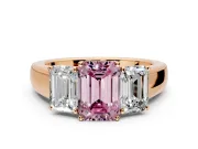 3 Stone Engagement Ring Setting for Fancy Pink Emerald Cut Center with Raised Basket Heads and Prong Head in Rose Gold