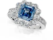 Halo Engagement Ring Setting for Fancy Blue Asscher Cut Center with Milgrain Channel Band and Prong Head in White Gold