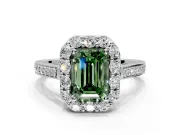 Floral Halo Engagement Ring Setting for Fancy Green Emerald Cut Center with Large Halo Accents and Prong Head in White Gold