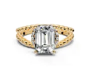 Halo Engagement Ring Setting for Emerald Cut Center with Rope Twist Split Shank and Prong Head in Yellow Gold