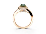Halo Engagement Ring Setting for Fancy Green Radiant Cut Center with Metal-Rimmed Halo, Pave Band and Prong Head in Rose Gold