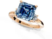 3 Stone Engagement Ring Setting for Fancy Blue Asscher Cut Center with Wide Plain Band and Prong Head in Rose Gold