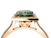 Halo Engagement Ring Setting for Fancy Green Princess Cut Center with Pave Accents, Heart Basket and Prong Head in Rose Gold