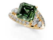 Halo Engagement Ring Setting for Fancy Green Asscher Cut Center with Marquise and Pave Bypass Band and Prong Head in Yellow Gold