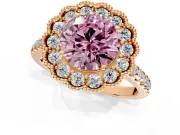 Milgrain Floral Halo Engagement Ring Setting for Fancy Pink Round Cut Center with Pave Band and Prong Head in Rose Gold