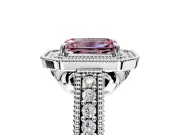 Milgrain Halo Engagement Ring Setting for Fancy Pink Emerald Cut Center with Pave Band and Prong Head in Platinum