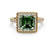 Milgrain Floral Halo Engagement Ring Setting for Fancy Green Asscher Cut Center with Pave Band and Prong Head in Yellow Gold