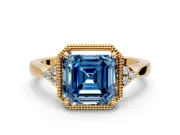 Cluster Engagement Ring Setting for Fancy Blue Asscher Cut Center with Milgrain Shoulder Clusters and Prong Head in Yellow Gold